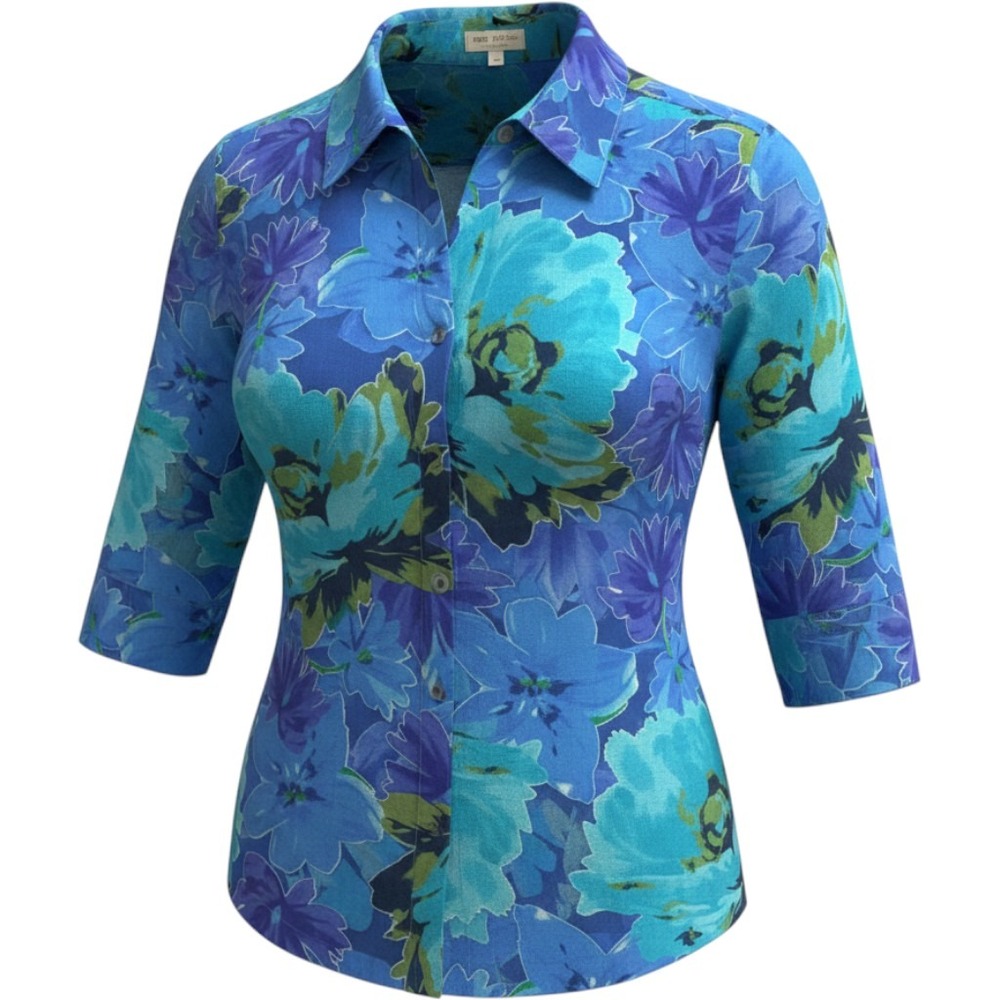 Choices Woman Floral Button Down Shirt Womens 3X Blue Sheer 3/4 Sleeve Blouse